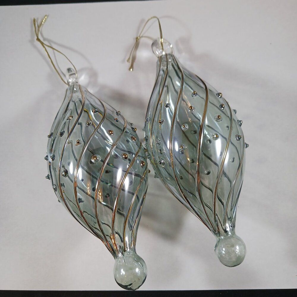 Hand Blown Egyptian Glass Green With Gold Trim 2pcs Christmas Tree Ornament